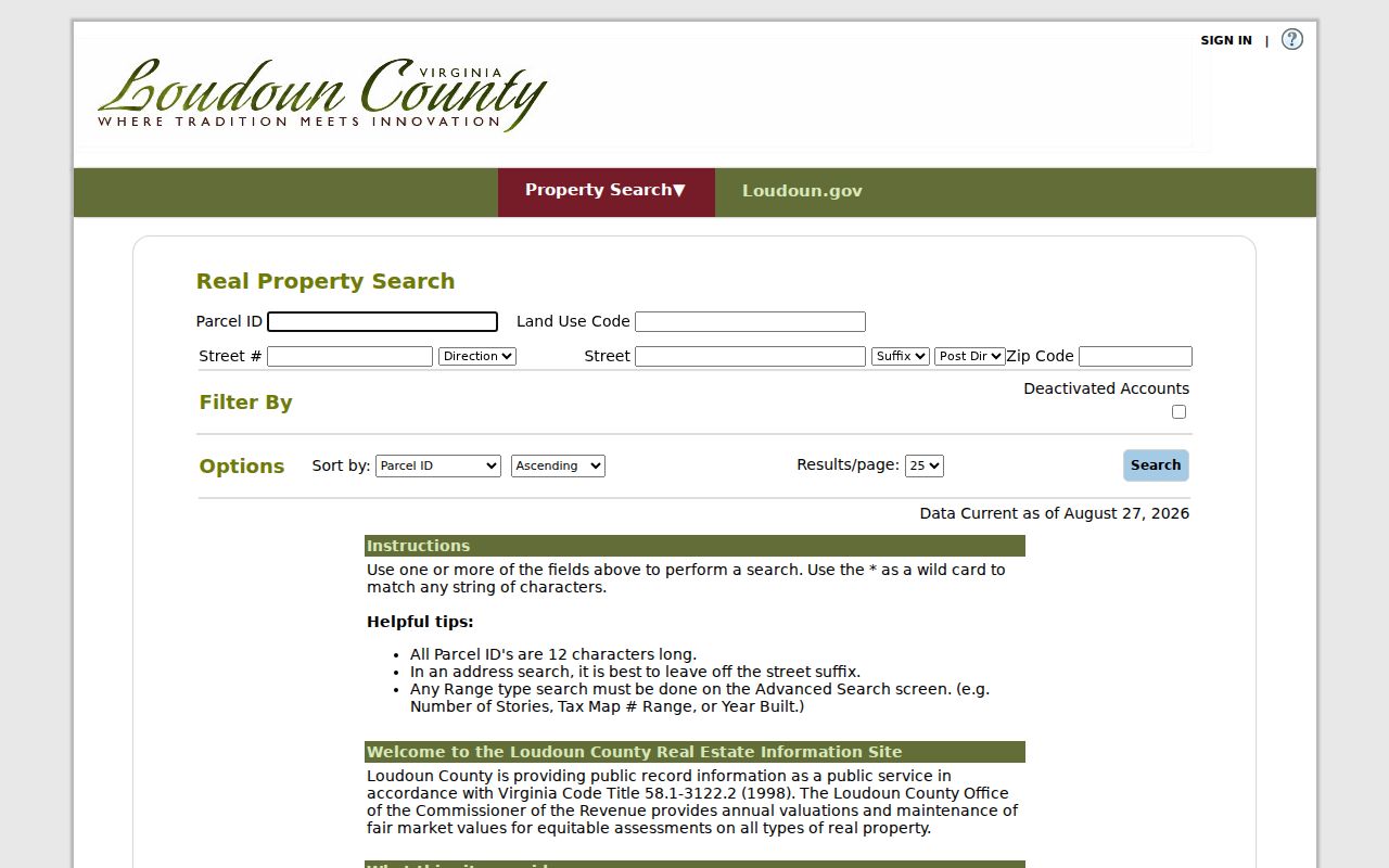 Leesburg street directory Loudoun Real Property Search fields