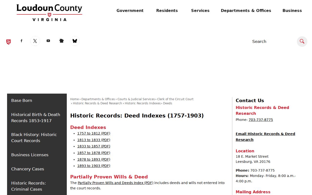 Leesburg street directory Loudoun historic deed index ranges