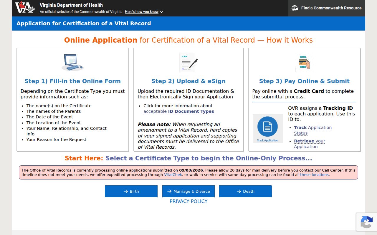 Leesburg resident lookup view of the Virginia vital records application entry