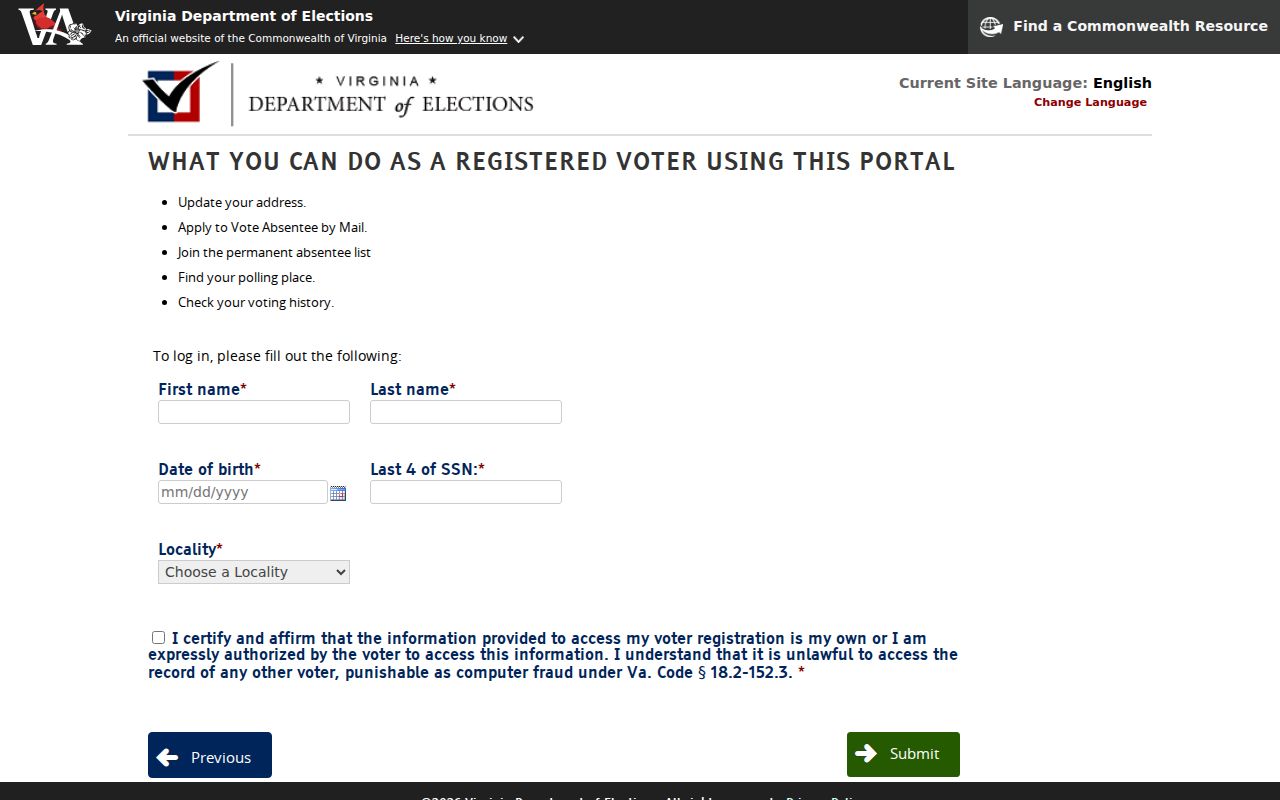 Leesburg resident lookup view of the Virginia voter status form
